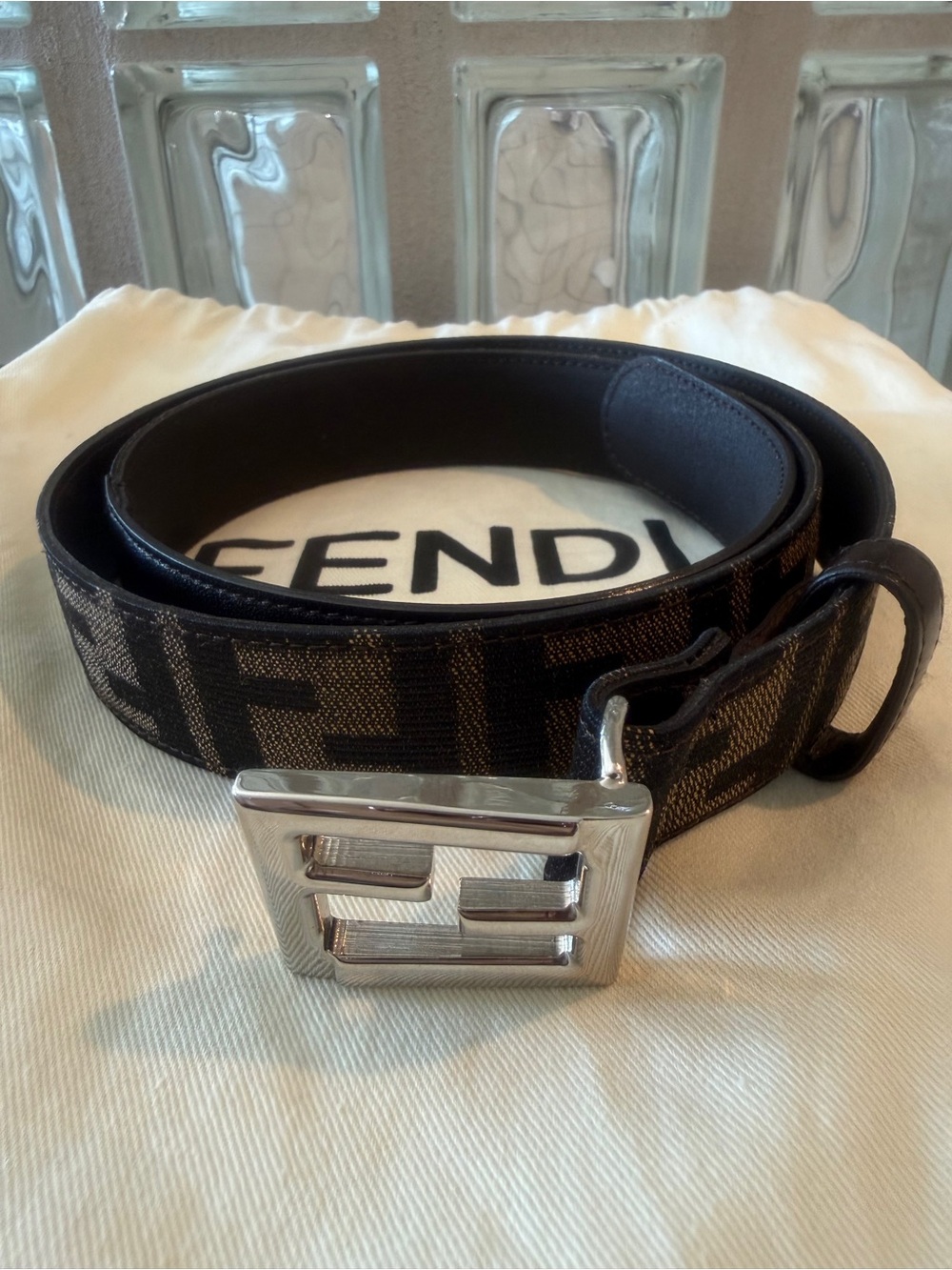 Fendi FF Zucca Monogram Unisex Canvas/Leather Black/Brown Belt w/ Silver Buckle